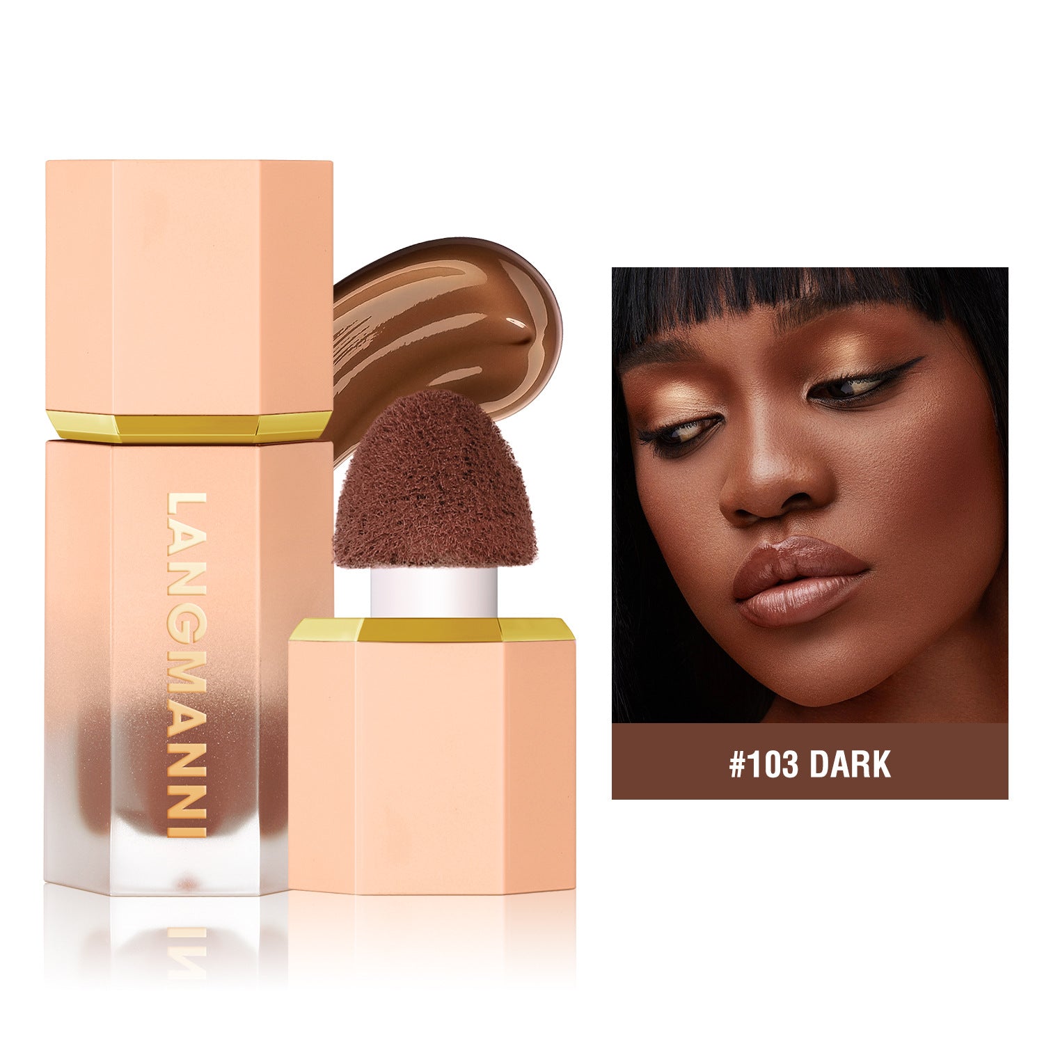 Langmanni liquid contour in #103 Dark with applicator, ombre bottle, and model wearing the product.