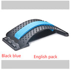 Black and blue arched lumbar traction device with acupuncture-style massage nodes for back pain relief.