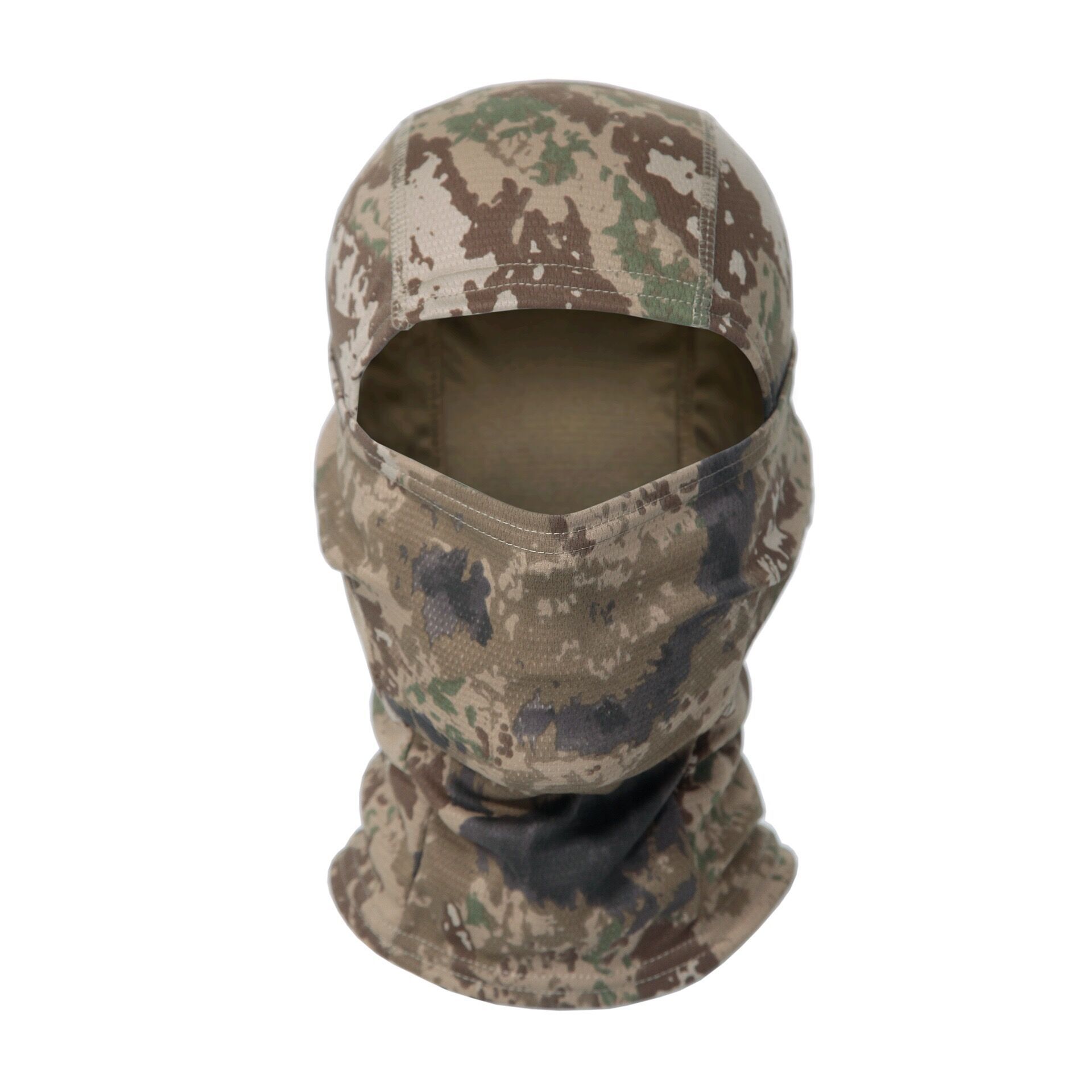 Tactical balaclava in green and brown camouflage print, made of breathable mesh fabric, showing full-face mask design.