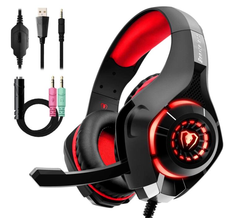 Black and red gaming headphones with LED-lit earcups, cushioned headband, boom mic, and included audio cables.