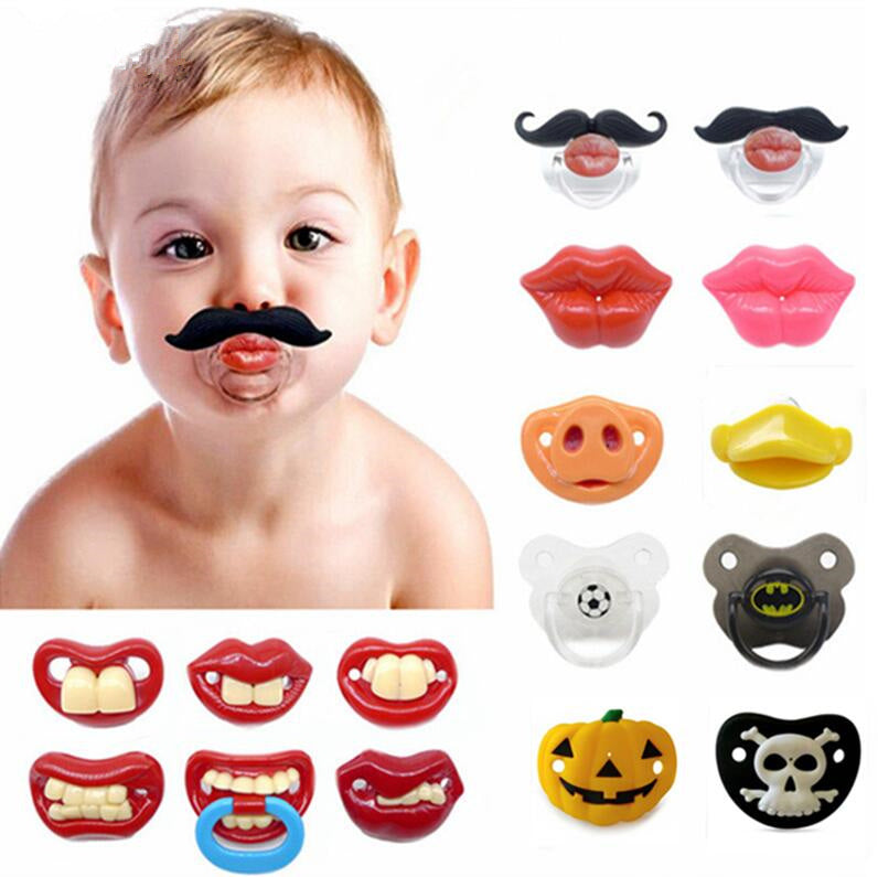 Digitaldistribution375 funny baby pacifiers featuring various shapes like mustaches, lips, teeth, animals, and skulls.