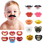 Digitaldistribution375 funny baby pacifiers featuring various shapes like mustaches, lips, teeth, animals, and skulls.