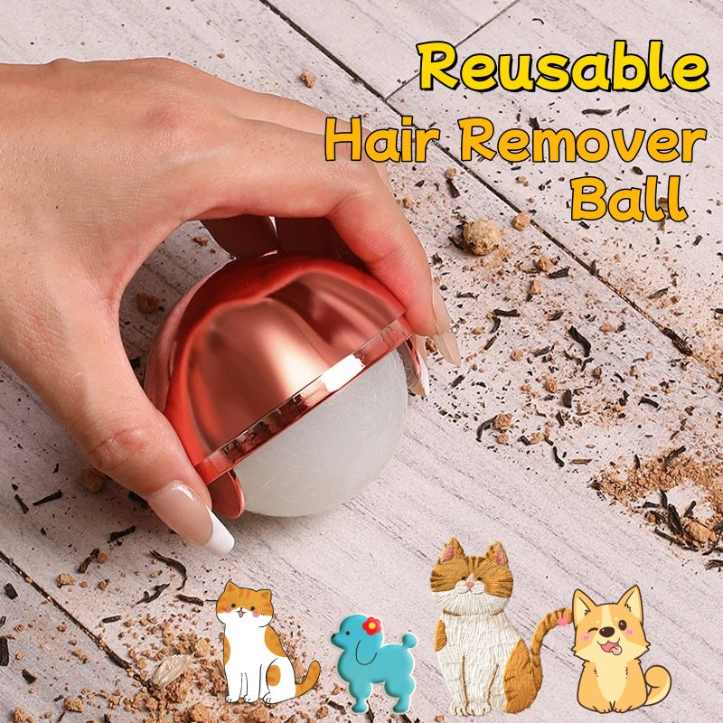 Hand holding a shiny metallic pink, spherical, washable gel lint roller for pet hair, with cat and dog stickers below.