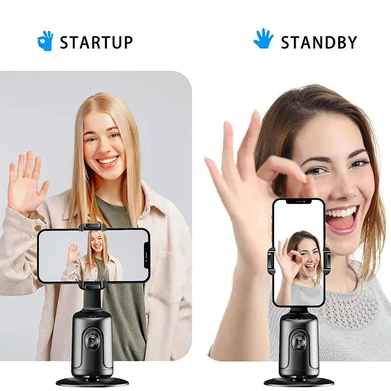 Black auto-face tracking gimbal holding a smartphone, shown in startup and standby modes with women using gestures.