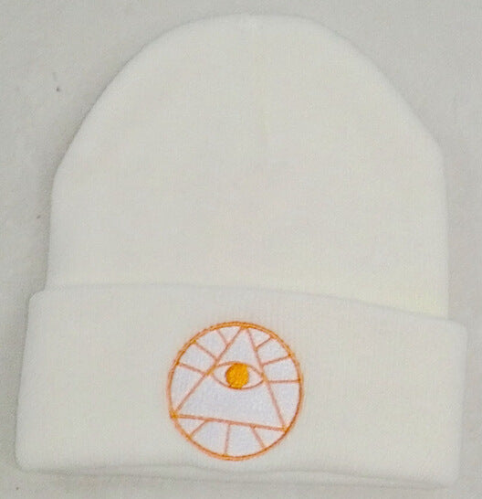 A solid white knit hip-hop beanie with an embroidered orange circle and eye-of-providence triangle design.