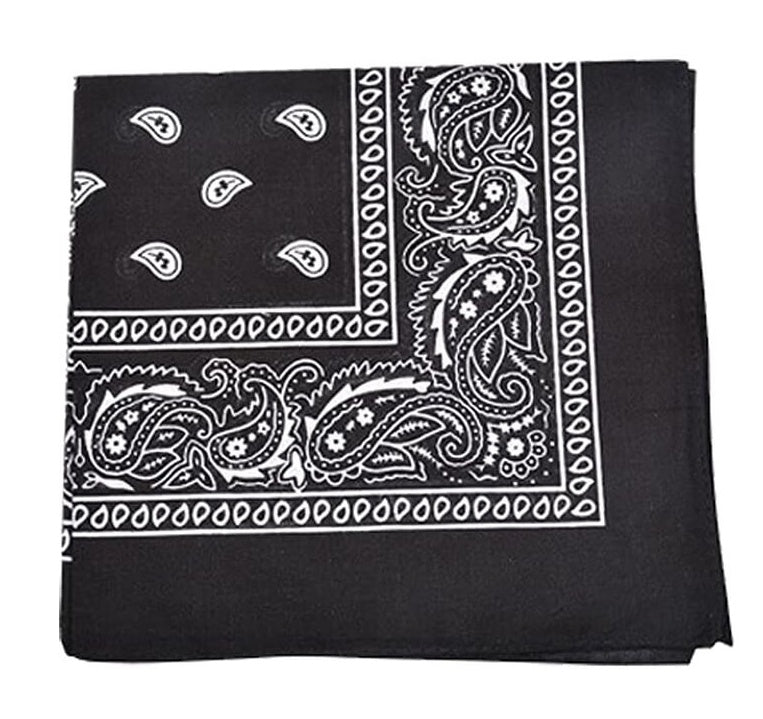 Black and white square bandana featuring a classic paisley print with floral cashew motifs and a decorative border.