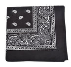 Black and white square bandana featuring a classic paisley print with floral cashew motifs and a decorative border.