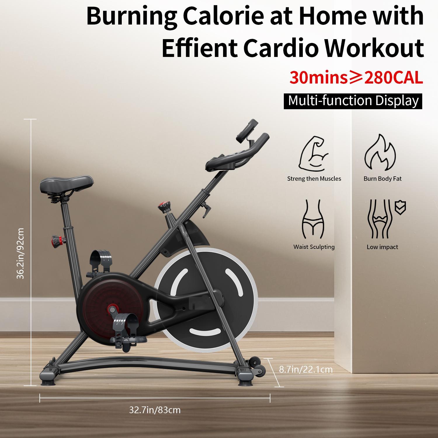 A matte black stationary exercise bike with a red wheel detail, displaying workout benefits and dimensions on text overlays.