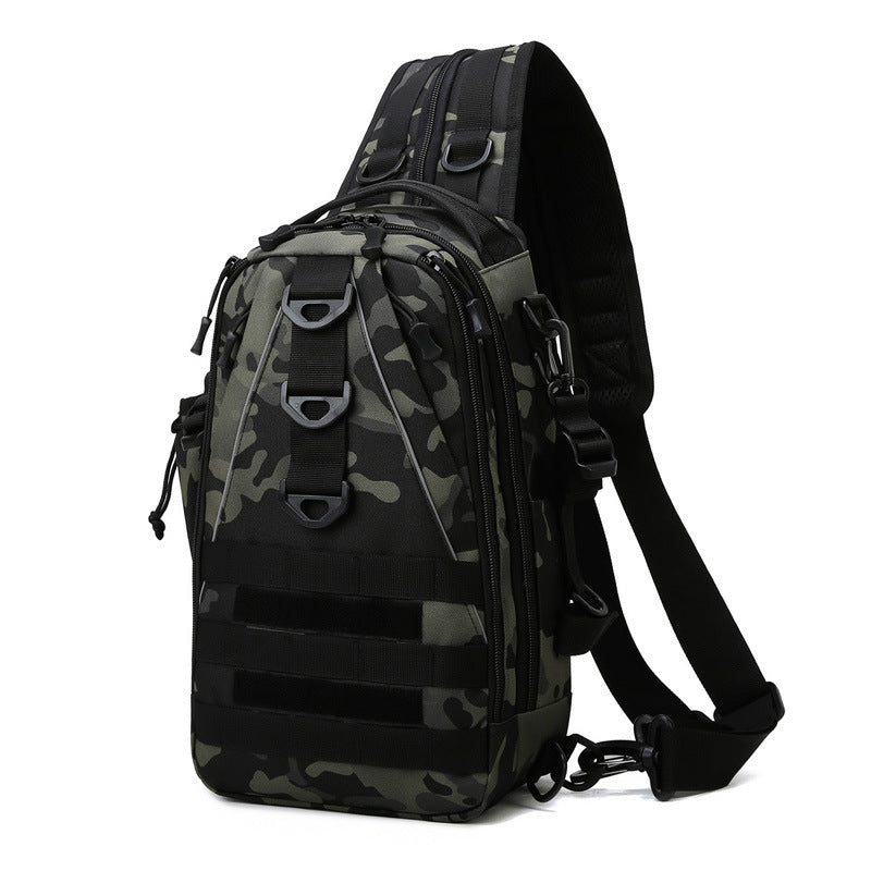Green camouflage tactical sling backpack with multiple zip pockets, D-rings, and MOLLE webbing for outdoor fishing.
