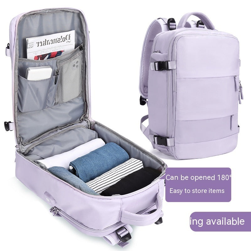 Lavender waterproof travel backpack with 180-degree opening, internal pockets, and organized clothing storage compartments.