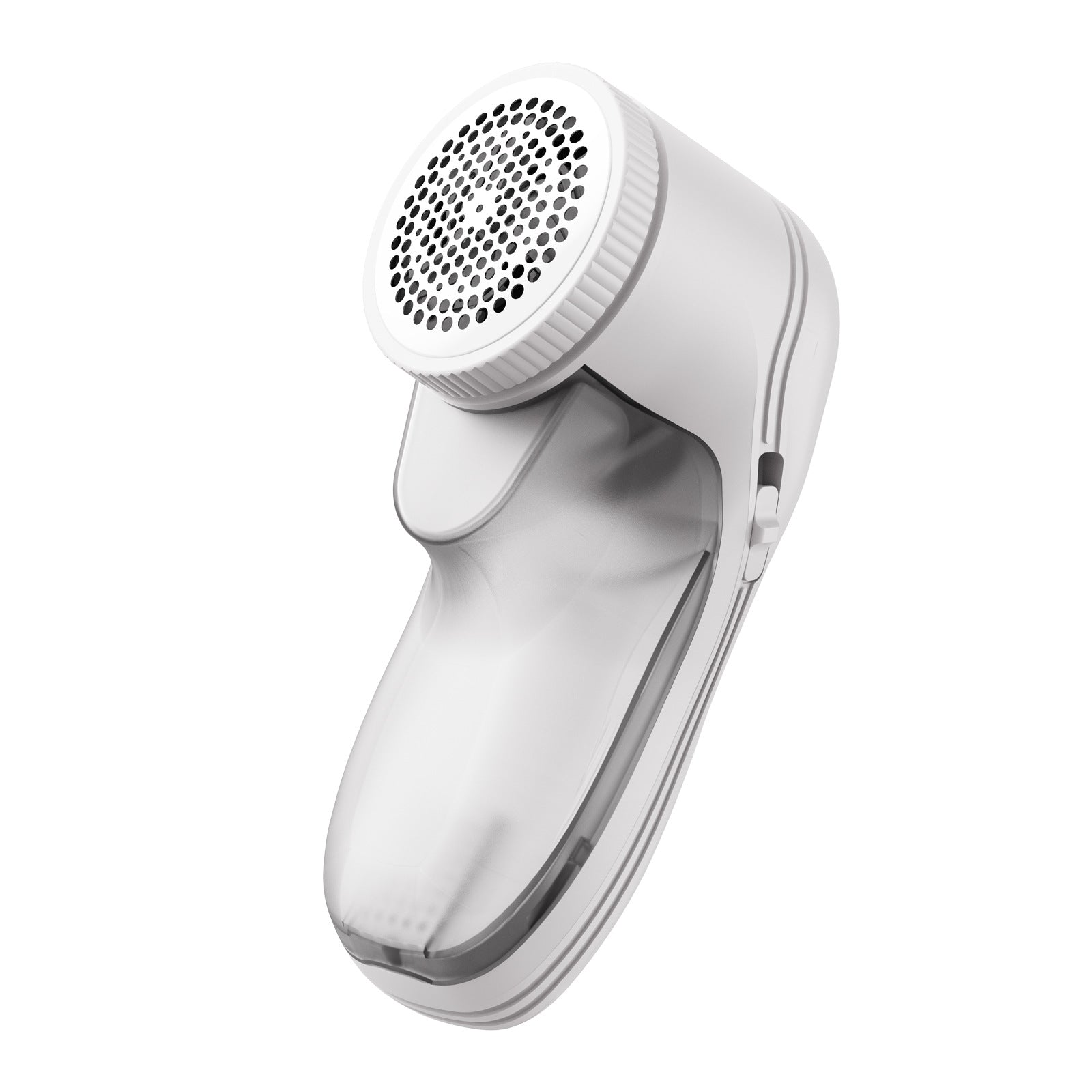 A handheld white lint remover with a circular mesh head and a translucent detachable lint collection compartment.