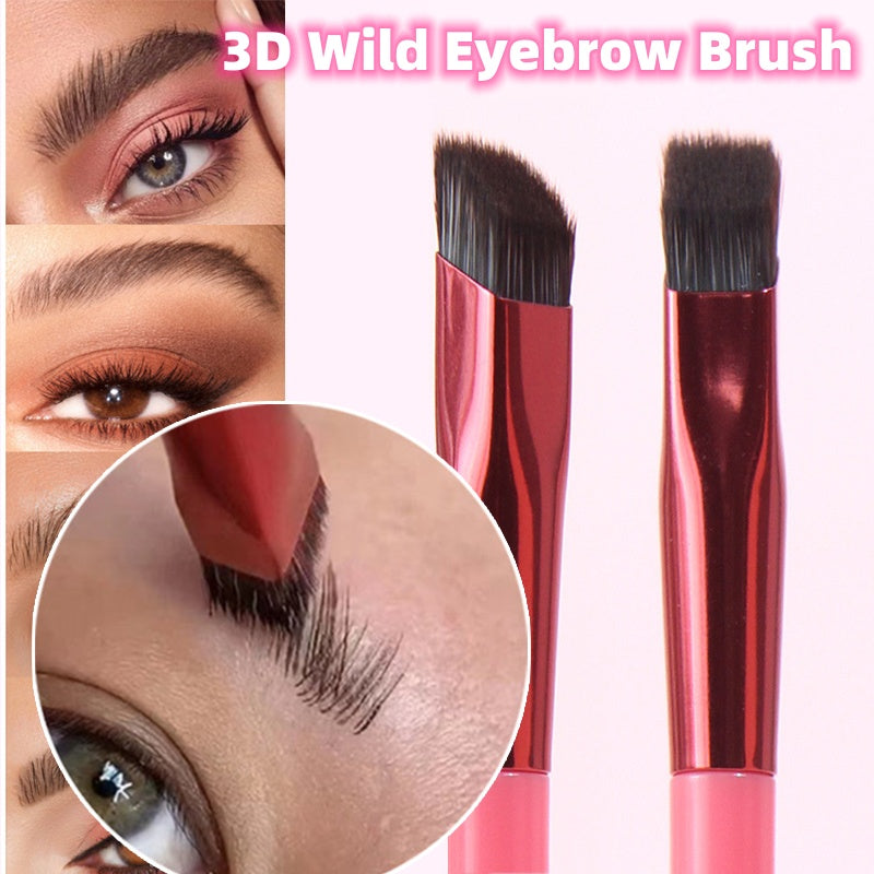 Two 3D wild eyebrow brushes with red metal ferrules, featuring angled and flat synthetic bristles for hair-like strokes.