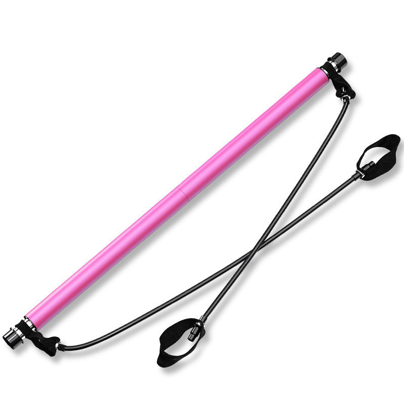 A pink, cylindrical fitness exercise bar with attached black resistance cords and fabric hand/foot loops.