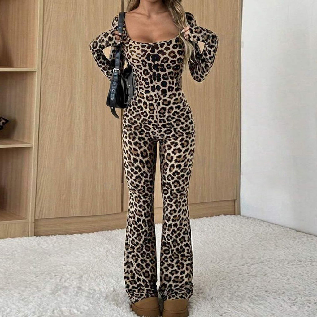 Slim-fit leopard print jumpsuit with long sleeves, square neckline, and flared legs, featuring a form-fitting silhouette.