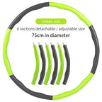 Detachable lime green and dark grey foam exercise hoop, 75cm diameter, featuring 6 adjustable segments.