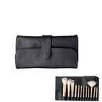 12-piece makeup brush set with creamy white synthetic hair, champagne handles, and a black textured leather-look case.