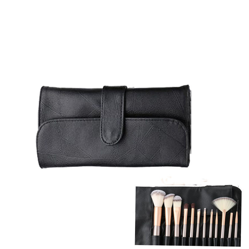 12-piece makeup brush set with creamy white synthetic hair, champagne handles, and a black textured leather-look case.
