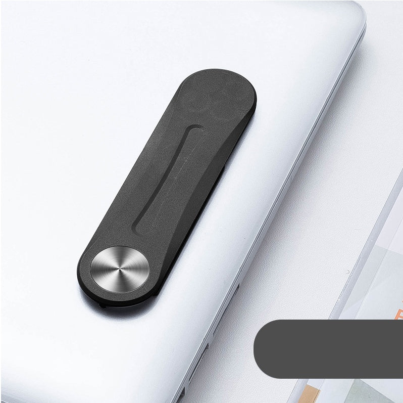 Black aluminum alloy side screen bracket mounted on a laptop, featuring a metallic circular hinge design.