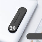Black aluminum alloy side screen bracket mounted on a laptop, featuring a metallic circular hinge design.
