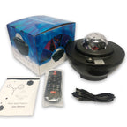 Black USB starry projector night light with faceted dome, remote, USB cable, user manual, and blue graphic box.