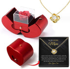 Red apple-shaped jewelry box with an eternal rose, and a gold knot necklace with a Mother’s Day message gift box.