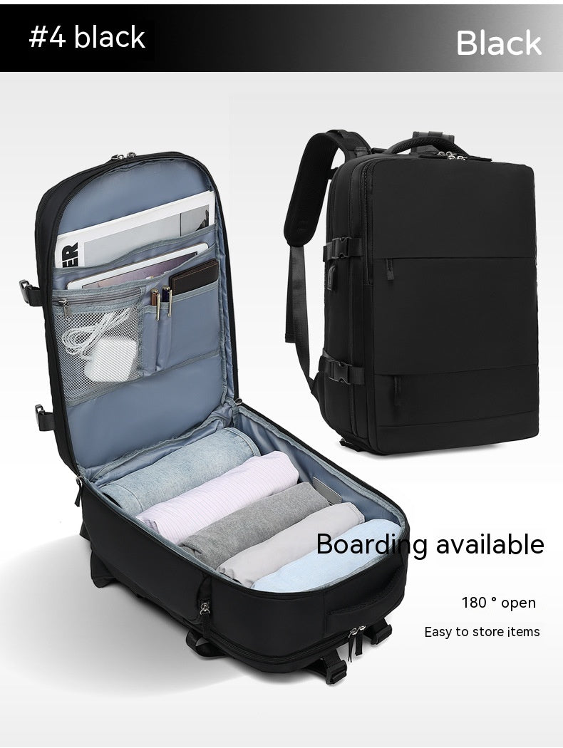 Black waterproof travel backpack shown closed and fully open with internal organization pockets and rolled clothing.