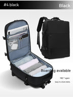 Black waterproof travel backpack shown closed and fully open with internal organization pockets and rolled clothing.