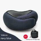 Navy blue cervical neck pillow with black mesh, Velcro closure, and a matching black waterproof storage bag gift.