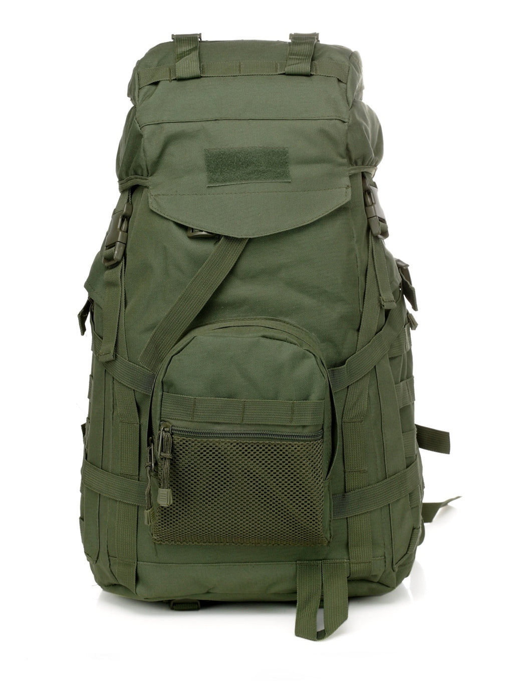 Olive green 60L tactical backpack made of durable fabric, featuring external pockets, gear straps, and mesh details.