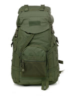 Olive green 60L tactical backpack made of durable fabric, featuring external pockets, gear straps, and mesh details.