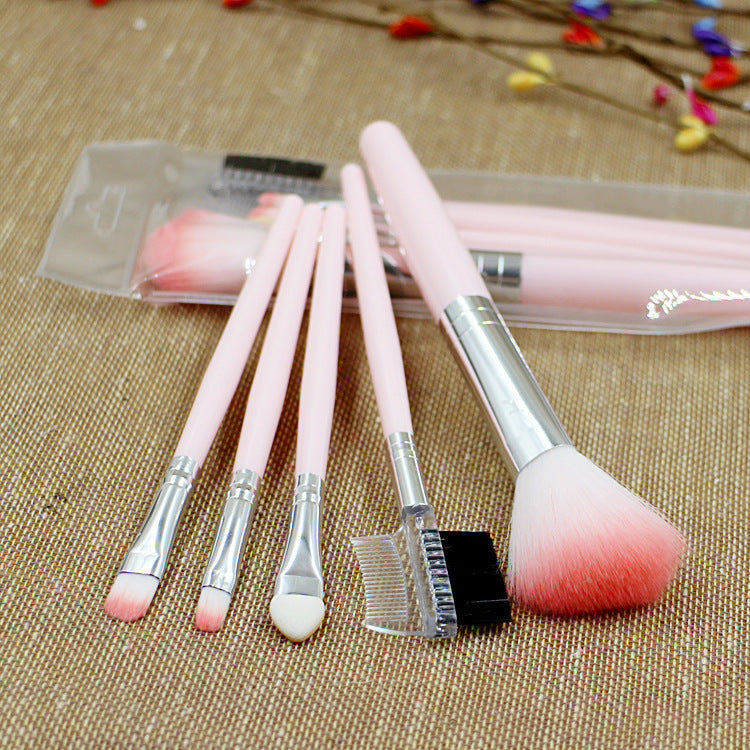 Five pink-handled makeup brushes with silver ferrules and dual-tone bristles in a clear plastic sleeve.