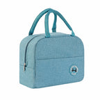 Blue cationic waterproof lunch bag with thermal insulation, sturdy handles, zipper closure, and a panda logo patch.