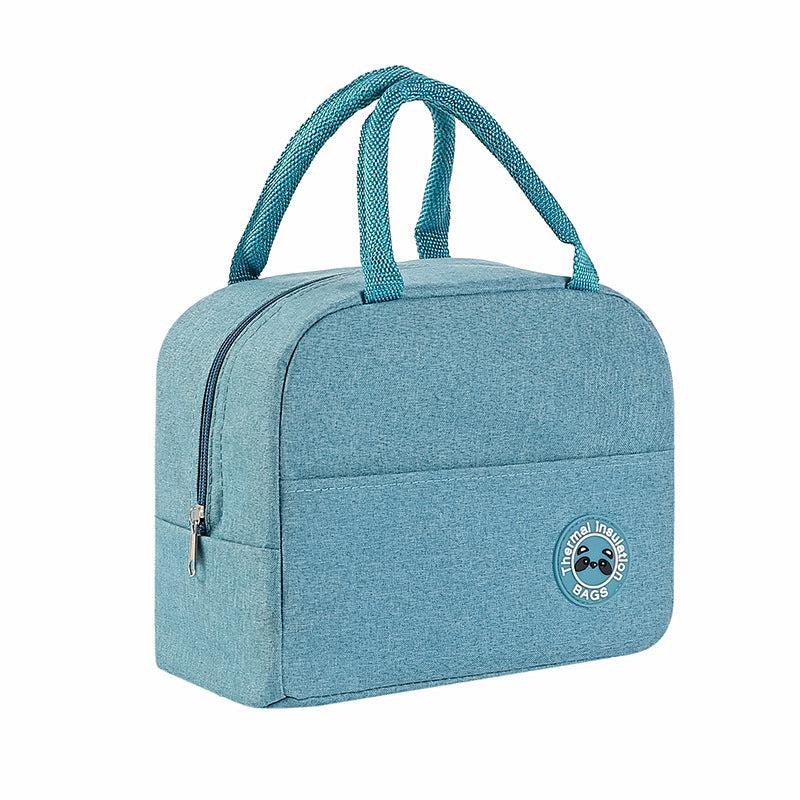 Blue cationic waterproof lunch bag with thermal insulation, sturdy handles, zipper closure, and a panda logo patch.