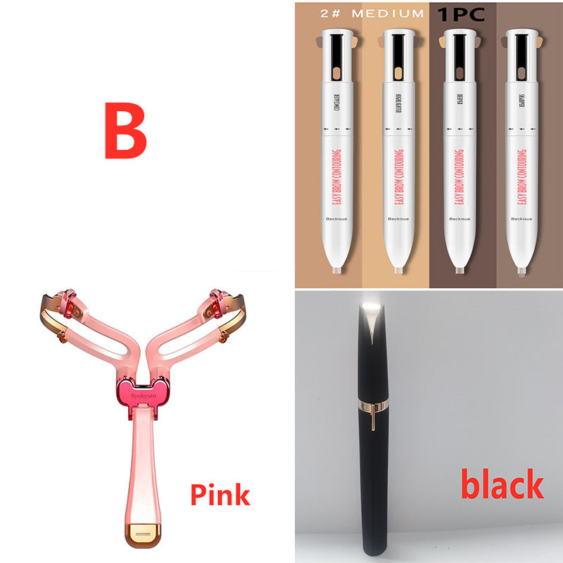 Pink foldable eyebrow stencil, white multi-use brow pens, and a sleek black electric eyebrow trimmer.