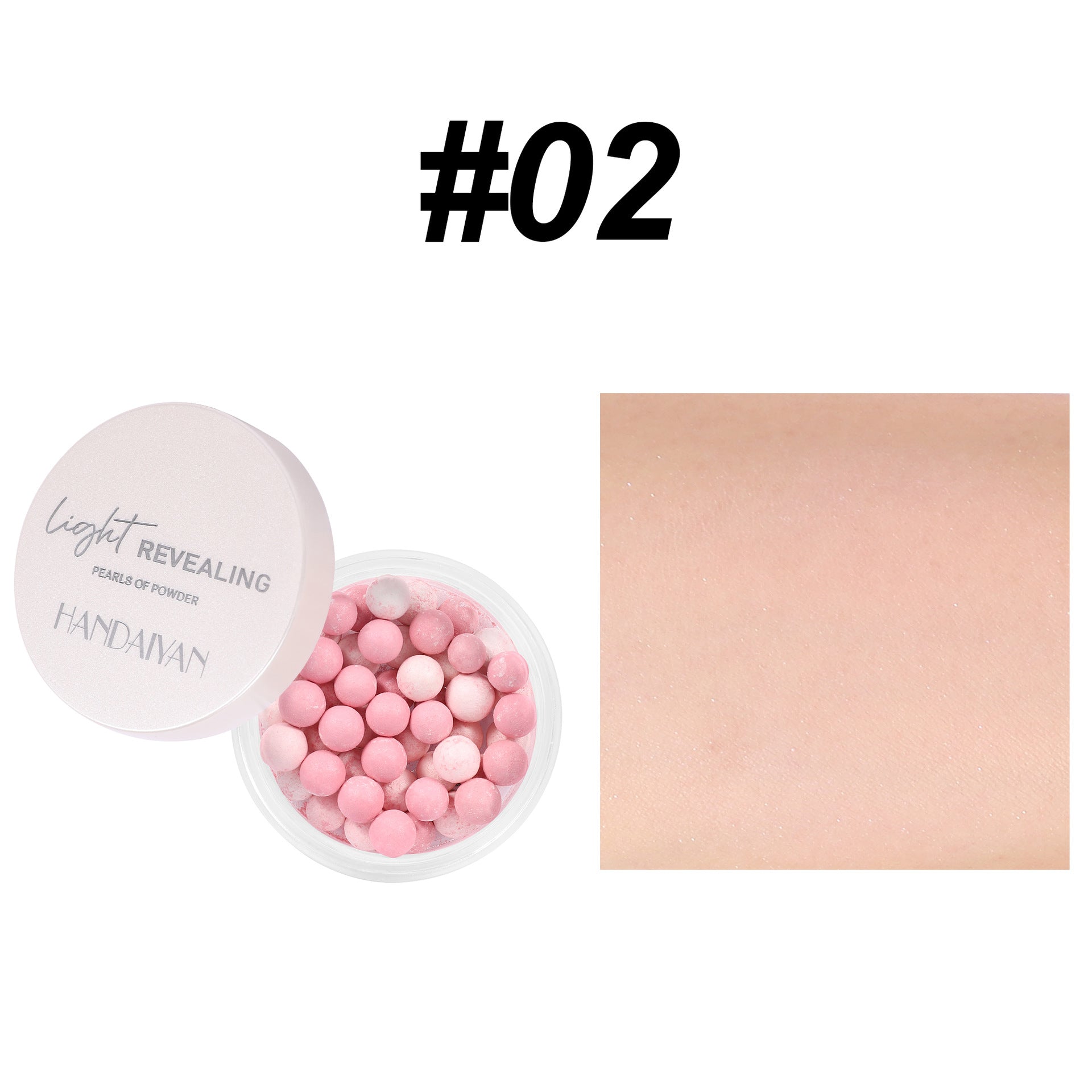Handaiyan pink loose powder pearls in a jar with a light-revealing cap next to a swatch on skin, labeled #02.