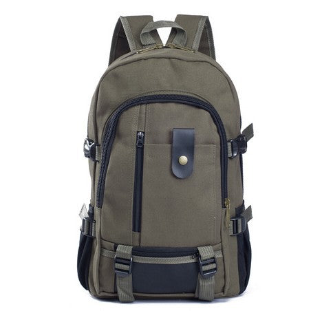 Olive green canvas men’s backpack with black trim, multiple zippered pockets, adjustable side straps, and top handle.