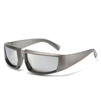 Metallic gray sports sunglasses with a wraparound frame and mirrored lenses in a modern, hip-hop aesthetic.