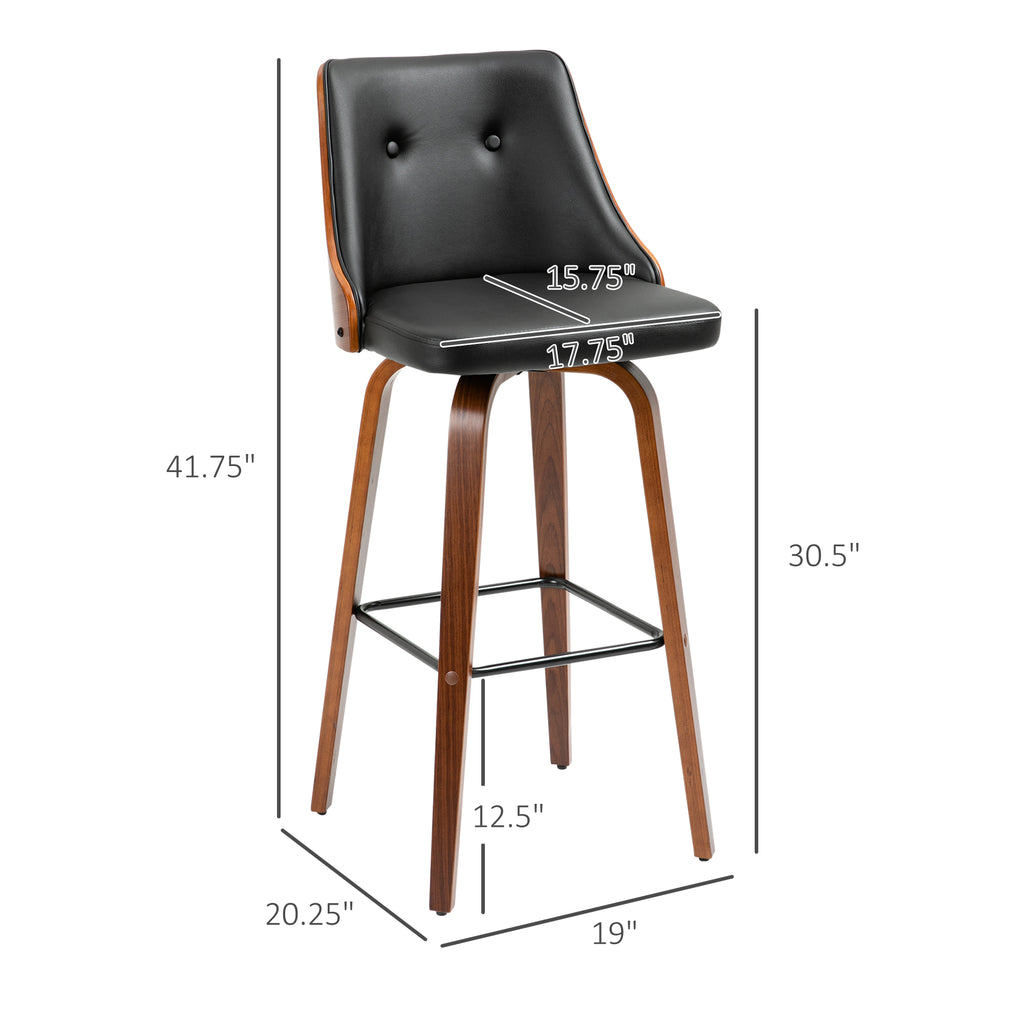 Mid-century black leather swivel bar stool with button-tufted back, wood frame, and footrest, showing dimensions.