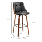 Mid-century black leather swivel bar stool with button-tufted back, wood frame, and footrest, showing dimensions.