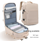 Beige waterproof travel backpack. Features 180-degree opening, organized internal pockets, and organized storage space.