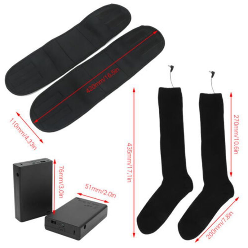 Black electric heated socks with power packs and straps, shown with red dimension lines indicating various measurements.