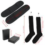 Black electric heated socks with power packs and straps, shown with red dimension lines indicating various measurements.