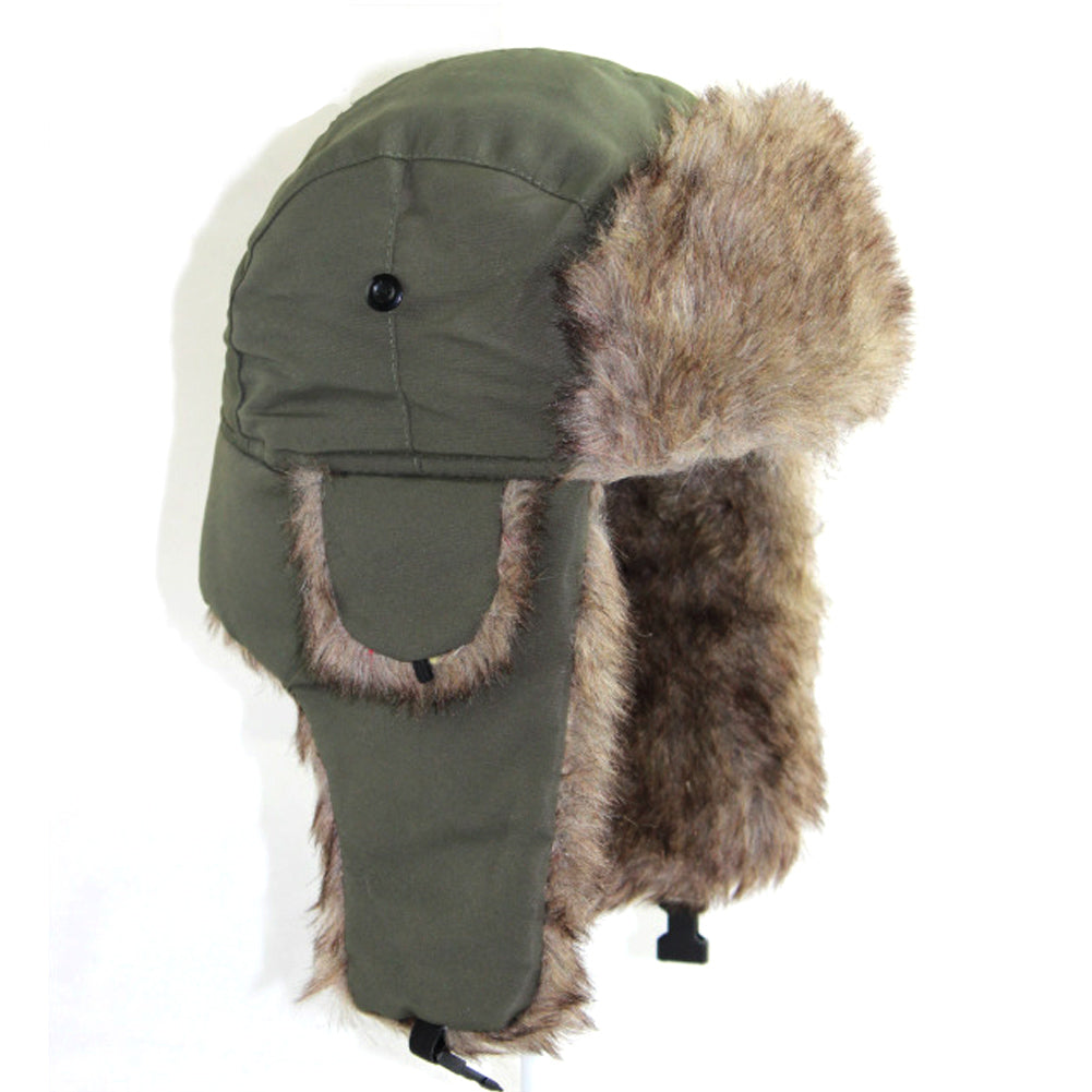 Olive green waterproof trapper hat with soft faux fur lining and ear flaps with adjustable chin strap.