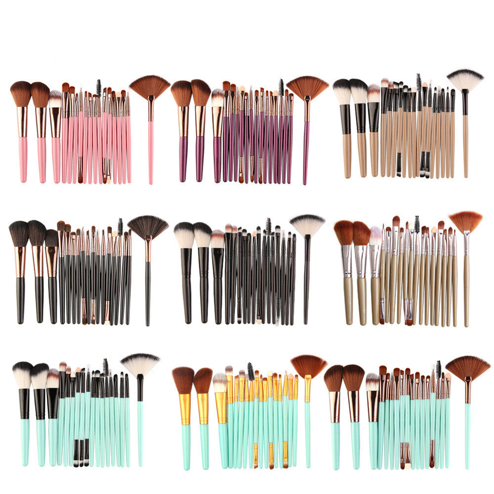Sets of blush, eye, lip, and fan brushes with various handle colors including pink, purple, black, and mint green.