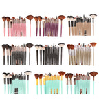 Sets of blush, eye, lip, and fan brushes with various handle colors including pink, purple, black, and mint green.