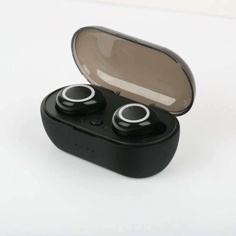 Digitaldistribution375 black in-ear wireless headphones with white ring accents in an open, semi-transparent charging case.