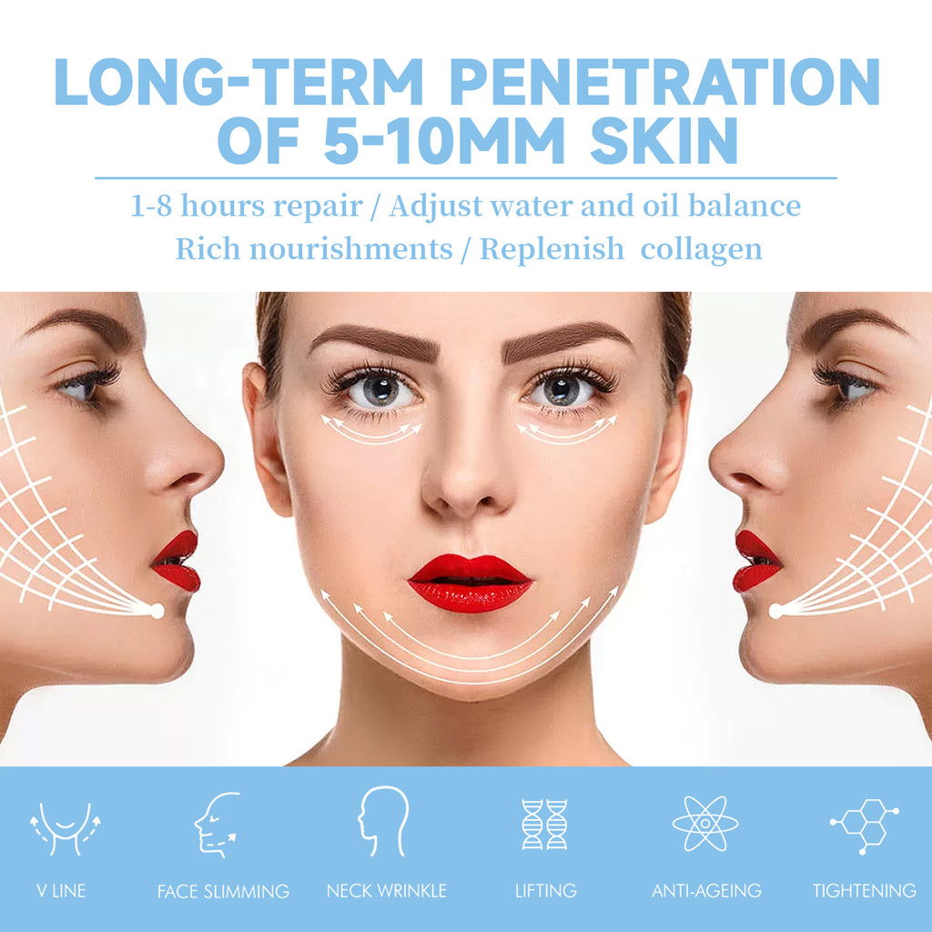 A V-face lifting mask promotion showing a woman's face with facial lifting lines, benefit text, and treatment icons.