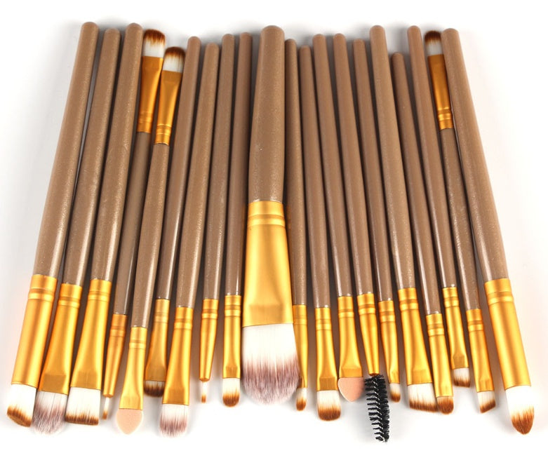 Digitaldistribution375 set: 20 tan brushes with gold ferrules, featuring soft white and brown bristles for full makeup.