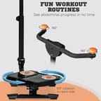 Black ab twister machine with 360-degree rotating plates, orange grips, and a built-in digital fitness monitor.