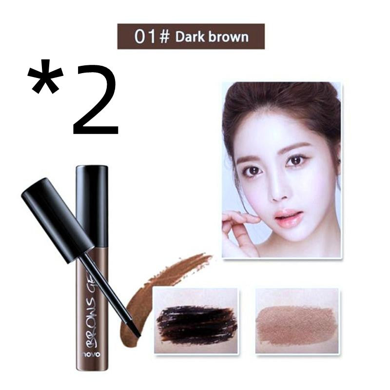 Two dark brown eyebrow tint bottles, product swatches, and a model showing the finished dark brown brow look.
